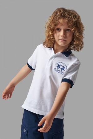 La Martina Klassische Baumwoll Poloshirt Kinder Weiß Blau | VIVN8001