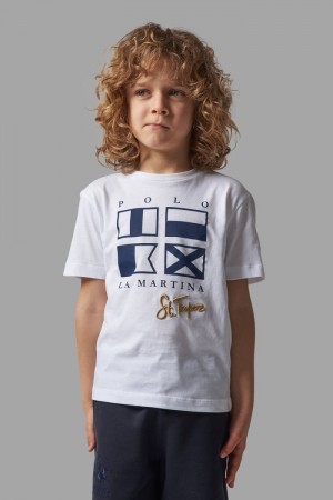 La Martina Klassische Baumwoll T-shirts Kinder Weiß Königsblau | GDVZ1106