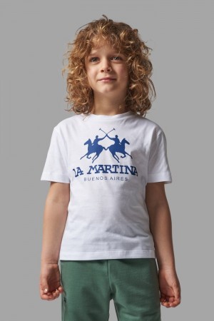 La Martina Klassische Baumwoll T-shirts Kinder Weiß Blau | QFBW2051